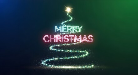 Abstract sparkling light Christmas tree with a radiant star and vibrant Merry Christmas neon sign.