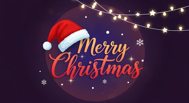 Festive "Merry Christmas" greeting with a Santa hat, glowing string lights, and snowflakes on a dark background.