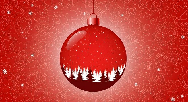 Glossy red holiday ornament with white fir trees and snow against a contour line background. - Powered by Adobe