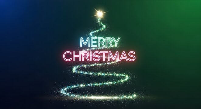 Abstract sparkling light Christmas tree with a radiant star and vibrant Merry Christmas neon sign.