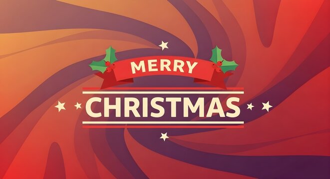 Festive Merry Christmas greeting with holly and stars on a vibrant swirling background illustration.