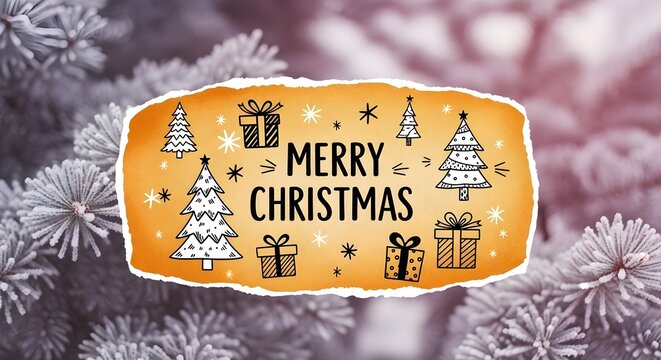 Hand-drawn Merry Christmas greeting on textured orange paper with frosted evergreen branches background.