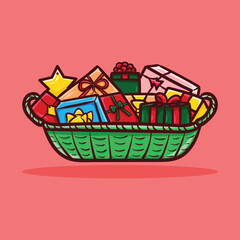 Hand drawn illustration of a large green basket filled with lots of Christmas gifts and decorations