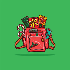 Vector hand drawn illustration of a large red bag filled with full of Christmas gifts and decorations