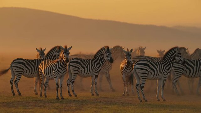 A majestic herd of zebras stands gracefully in the golden light of dawn, silhouetted against a hazy African savanna landscape, evoking the wild beauty of nature