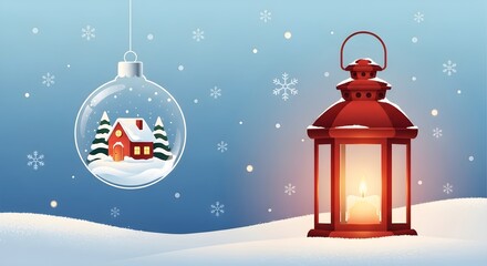A cozy red house in a snow globe ornament and a glowing lantern illuminate a winter wonderland scene.