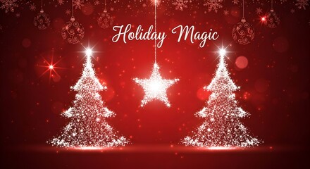 Sparkling Christmas trees and a glowing star illuminate a festive red background with holiday magic.