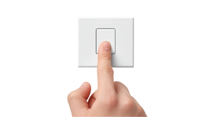 Finger Pressing Light Switch on White Background - Energy Concept