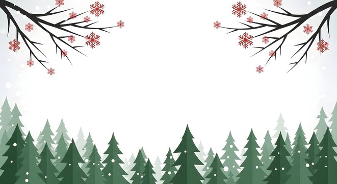 A festive winter forest scene featuring green pine trees and branches adorned with red snowflakes.