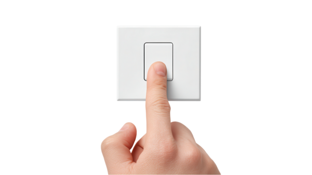 Finger Pressing Light Switch on White Background - Energy Concept