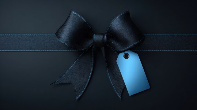decorative black bow with blue metallic price tag and long satin ribbon on sleek dark background, luxury cyber monday sale design template
