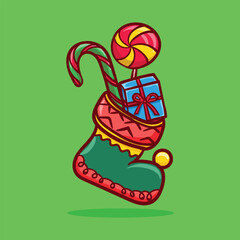 Hand drawn illustration of a gift sock bag containing small gifts and candy snacks