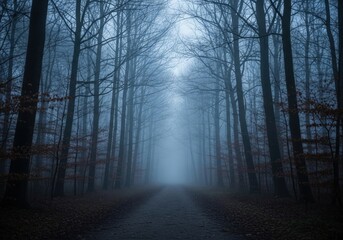 A mysterious and eerie path through a dark, foggy forest with tall, bare trees and a faint light at the end of the trail, creating a sense of isolation and foreboding
