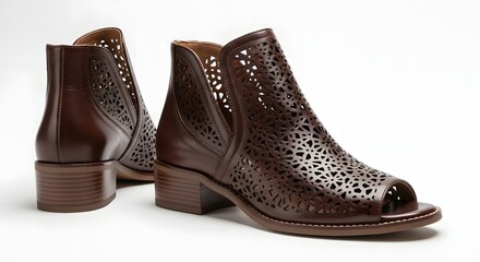 Pair of brown leather cutout peeptoe ankle boots
