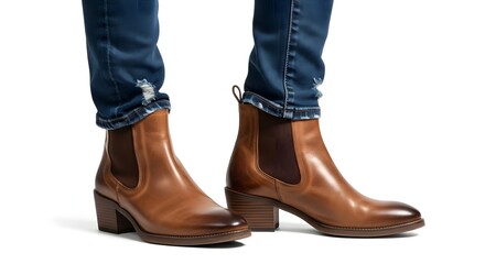 Woman wearing brown leather chelsea boots with blue jeans