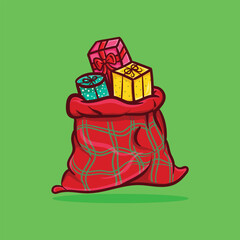 Hand drawn vector illustration of a big red sack containing lots of gifts