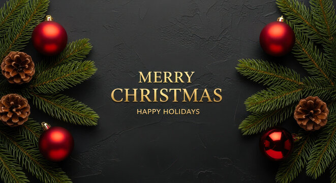 Elegant merry christmas greeting with festive fir branches red baubles and pine cones on dark background