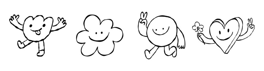 Fototapeta na wymiar Smiling character and mascots, abstract stickers and line icons. Vector logo design template and graphic elements for advertising, branding, posters and banners, funny cartoon illustrations