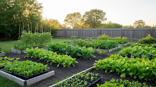 Lush vegetable garden with raised beds, dark soil, leafy greens, and warm sunlight