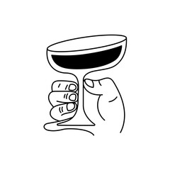 Vector simple minimal linear style illustration with cartoon hand holding wine glasse, celebration and party vibe, invitation design element, banner, template