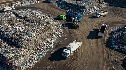 Overhead view of a landfill with trucks and an excavator in an industrial area - Powered by Adobe