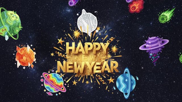 Happy New Year Animation in Outer Space &ndash; Colorful Meteors and Planets Background