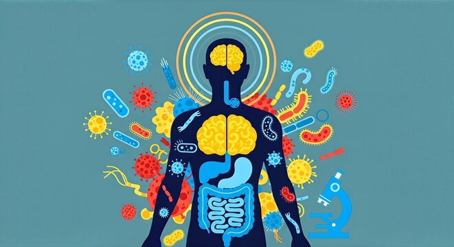 Human microbiome concept vector illustration of bacteria and organs health and science design