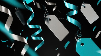 dynamic ribbons and floating discount tags in black, turquoise, and chrome colors, high energy cyber monday promo template