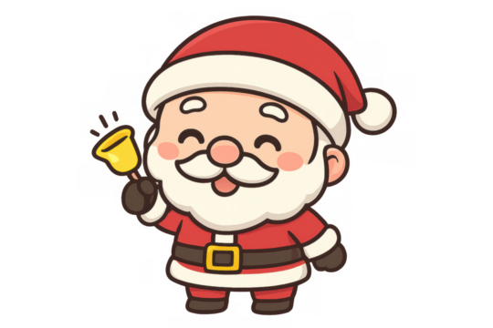 Santa claus cartoon ringing bell, character celebrating christmas holiday seasons, cute festive mascot for kids fun