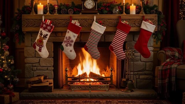 Traditional stone fireplace decorated for Christmas with colorful hanging stockings, festive garland, pine cones, clock, candles, burning fire creating cozy holiday scene

