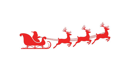 Red silhouette of santa claus in his sleigh being pulled by four reindeer across a white background