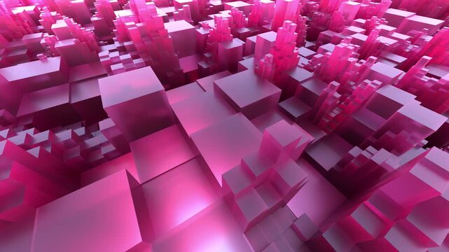 Abstract flying over a pink blocky landscape