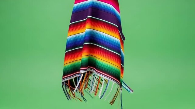 Vibrant Serape Blanket Unfolds Against a Green Screen Displaying Cultural Heritage, and Traditions