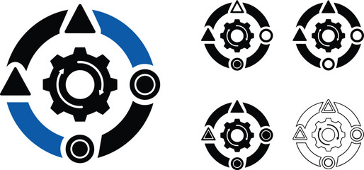 Circular process diagram with gears arrows and geometric shapes representing workflow and system cycles