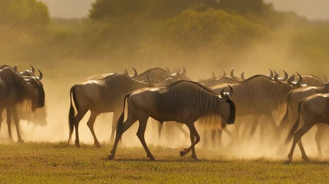 A majestic herd of wildebeest, also known as gnus, thunders across the dry African savanna at sunset, creating a dramatic dust cloud during their powerful migration