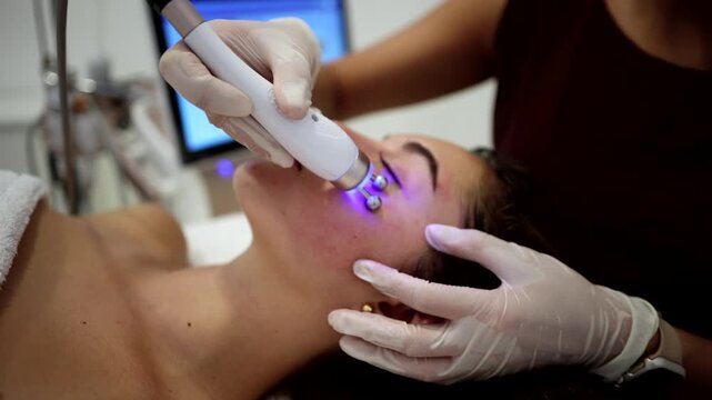 Professional cosmetologist performing a stimulating facial therapy treatment on a young woman, using modern radiofrequency equipment with blue light for skin rejuvenation in a beauty clinic