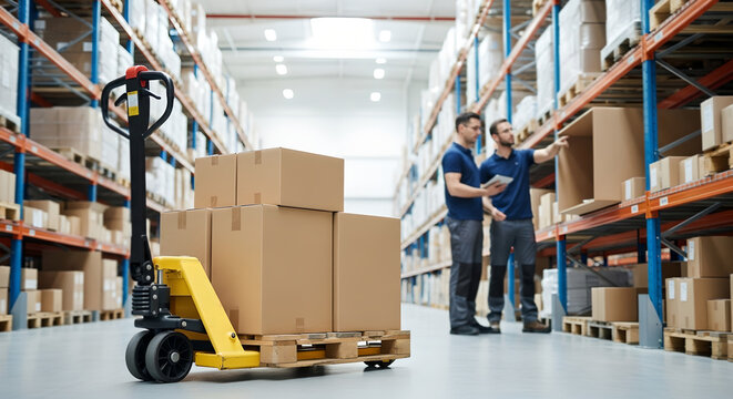 Pallet jack with box ready for transport in warehouse where two male workers check inventory. Logistics concept