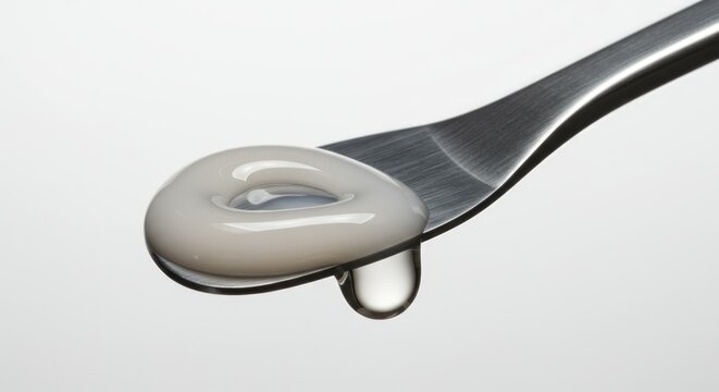 Elegant skincare serum with droplet on a sleek silver spatula promises youthful hydration and beauty treatment