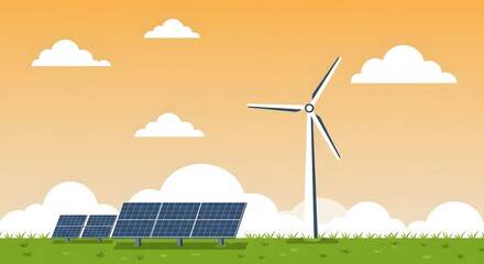 Clean Energy Illustration: Wind Turbine and Solar Panels Under Cloudy Sky