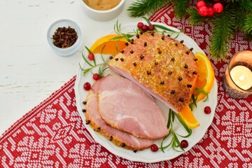 Delicious boiled pork. Christmas food. View from above.
