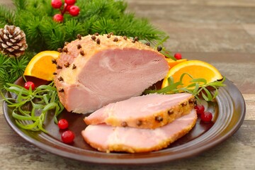  Delicious boiled pork. Christmas food. 