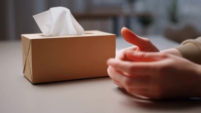 A macro view of a client's hands gesturing during a story in therapy. A therapist's hand placing a tissue box nearby in a silent gesture of support and acceptance.