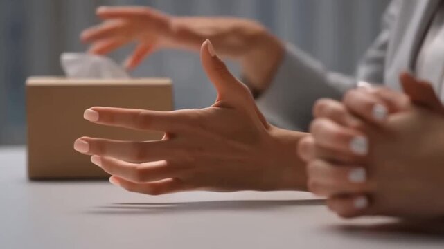 A macro view of a client's hands gesturing during a story in therapy. A therapist's hand placing a tissue box nearby in a silent gesture of support and acceptance.