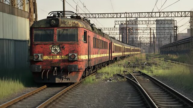 Rusty red train rides slowly on abandoned railway surrounded by grass, symbolizing history, decay. Vintage Soviet locomotive on overgrown tracks represents decline and ruin of railway transport.