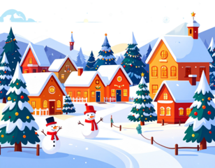 Cartoon Christmas Village with Colorful Houses, Snowmen, and Holiday Decorations, Vector Style PNG