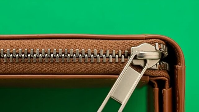 Macro view of a brown wallet with a silver zipper opening and closing on a green screen background
