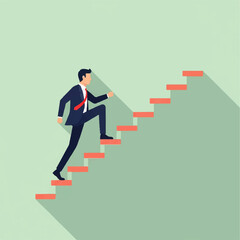 Businessman Climbing Stairs Achieving Goals and Success, Progress and Career Advancement