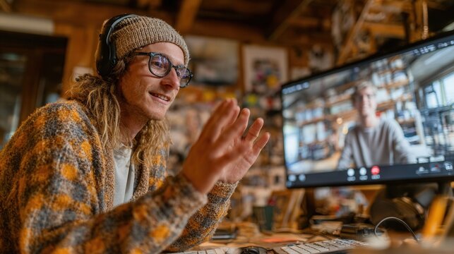 A young man with glasses and headphones is participating in a video call from his cozy home office, showcasing a relaxed and creative atmosphere.