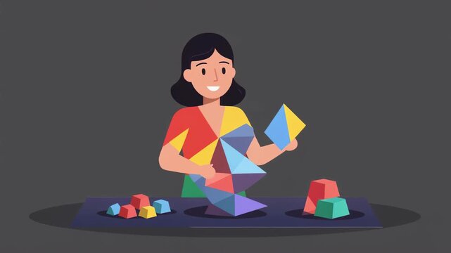 Woman holding geometric shapes, putting together colorful building blocks, focusing on problem solving and creative construction, against a dark gray background, illustration.