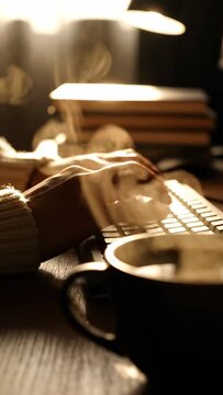 A person's hands typing on a computer keyboard in a cozy, dimly lit room, with steam rising from a warm mug of coffee or tea